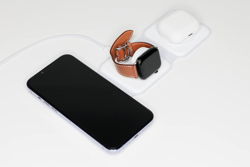 Foldable Wireless Charger Premium Charging Station Compact and Lightweight 3 In 1 Charging Station for Smartwatch, Smartphone, Earbuds QI-Enabled Travel Charging Pad Silicone Cover (White)