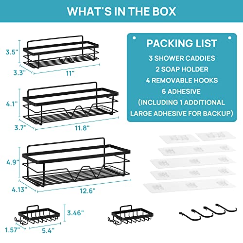 Vtopmart 5 Pack Shower Caddy Shelves Organizer with 4 Hooks, Stainless Steel Bathroom Self Adhesive Rack Storage Shelf for Inside Shower, Wall Organization, Black