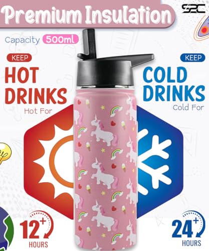 S2C Kids Water Bottle with Straw Lid – 550ml Stainless Steel, Double Wall Insulated, BPA-Free, Leak-Proof Bottle for School & Toddlers (PINK)