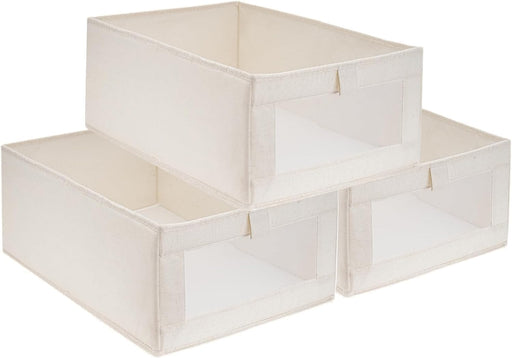 SKY-TOUCH 3Pcs Linen Storage Bins : Closet Organizers and Storage with Clear Window Foldable Large Storage Closet Baskets for Organizing Clothing Toys Books Shelves (Beige 40x27x18cm) - 40 x 27 x 18 cm