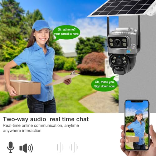 XLT 4G Sim Card Solar Camera PTZ 360°View Solar Powered Outdoor Security Camera with Dual Lens Night Vision, AI Human Detection, Two Way Audio, IP66 Works with Apps - 3MP
