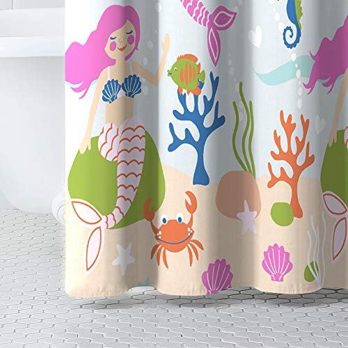 dream FACTORY Kids Fabric Shower Curtain for Bathroom, 72 in x 72 in (W x L), Light Blue Mermaid Dreams