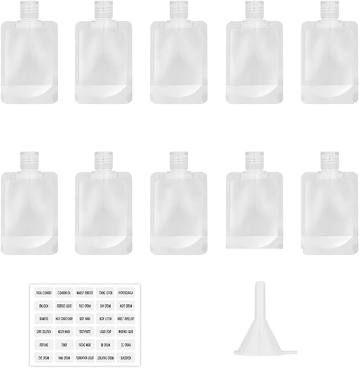 athus 10 Pack Travel Pouches for Toiletries with Funnels, 50 ML TSA Approved Travel Size Portable Refillable Empty Containers Squeeze Pouches Travel Bottles for Shampoo Conditioner Lotion Soap Liquids