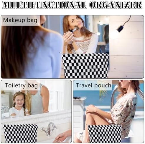 ZLFSRQ 3Pcs Checkered Makeup Bag for Women Large Cosmetic Bag Set Travel Toiletry Bag Makeup Pouch Bag for Purse Pink Zipper Storage Bag Organizer Cute Small Aesthetic Girls Car Essentials Bag
