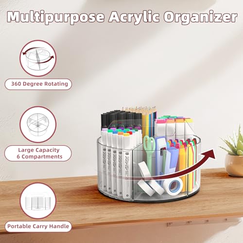 Absonic Acrylic Pen Holder Pencil Organizer, 360-Degree Rotating Pencil Holder, Crayon Organizer for Kids Marker Holder Caddy Organizer for Desk, Kids Desk Organizer for Office Home School Art Supply