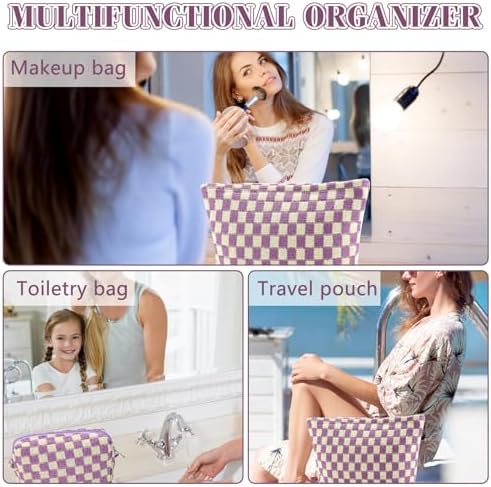 ZLFSRQ 3Pcs Checkered Makeup Bag for Women Large Cosmetic Bag Set Travel Toiletry Bag Makeup Pouch Bag for Purse Pink Zipper Storage Bag Organizer Cute Small Aesthetic Girls Car Essentials Bag