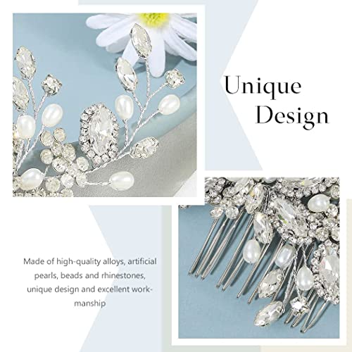 TERRIFI Crystal Bride Wedding Hair Comb, Pearl Bridal Hair Piece Hair Accessories for Women and Girls, Silver