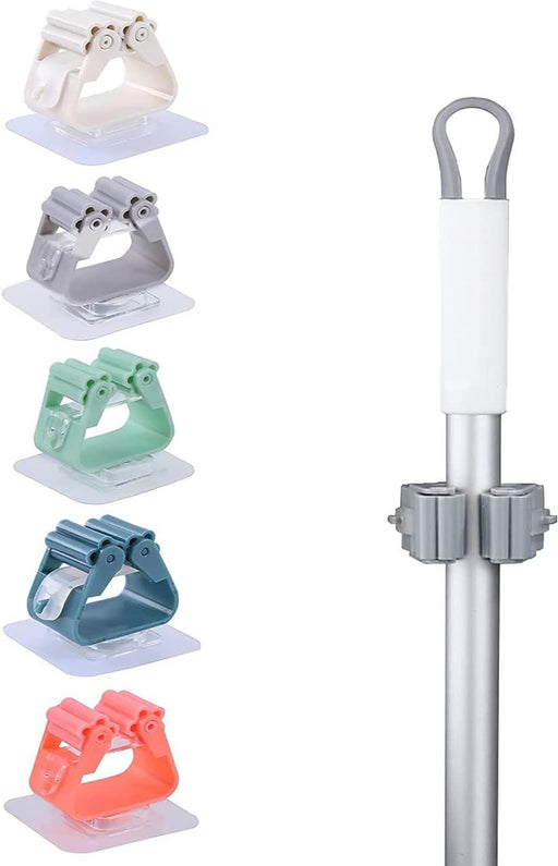 SKY-TOUCH 5 Pieces Adhesive Wall Mounted Mop and Broom Holder, Wall Mount Kitchen and Bathroom Organizer Self Adhesive Easy Install Multicolored Heavy Duty Holder (Assorted color) - 5 cm x 3 cm x 4 cm