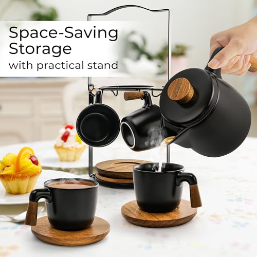 MIAMIO â€“ 1000 ml Ceramic Tea Pot Set with Infuser/Tea Strainer, 4 Ceramic Tea Mugs (300 ml), Bamboo Saucers/Handle and Rack for Home and Office (Black)
