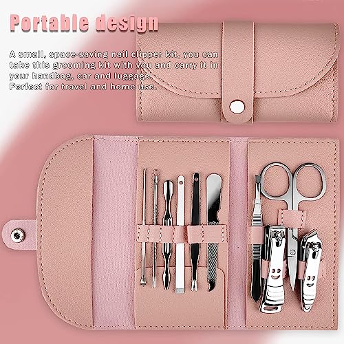 NALACAL Stainless Steel Manicure Set, Nail Clippers Portable Professional Pedicure Kit, Nail Care Tools Grooming Kit with Luxurious Travel Leather for Travel & Home, 10pcs (Pink)