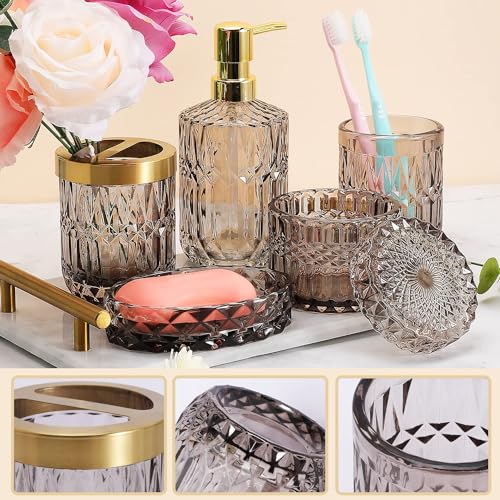 BEROZA 5PCS Bathroom Accessories Set, Stylish Decoration, Contains Lotion Dispenser, Soap Dish, Toothbrush Holder, Glass Cup, Cotton Swab Jar, Bathroom Decoration Gift (Black)