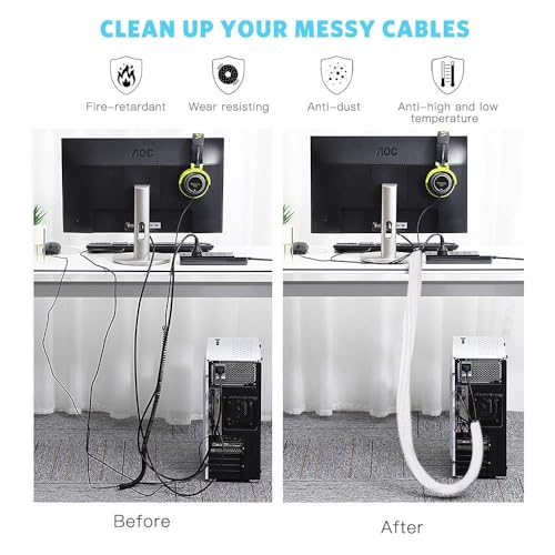 AGPTEK 6.6ft - 2/3 inch White Cable Sleeve Cover, Cord Protector Management Wire Loom Tubing Cable Sleeve Split Sleeving for Desk PC TV Computer Cable Protect Cat from Chewing Cord, White