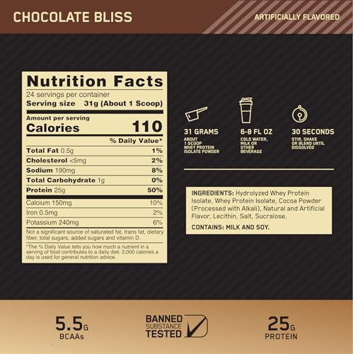 Optimum Nutrition (ON) Gold Standard 100% Isolate, 25 Grams of Protein, Hydrolyzed And Ultra-Filtered Whey Protein Isolate - Chocolate Bliss, 1.64 Lbs, 24 Servings (744 G)