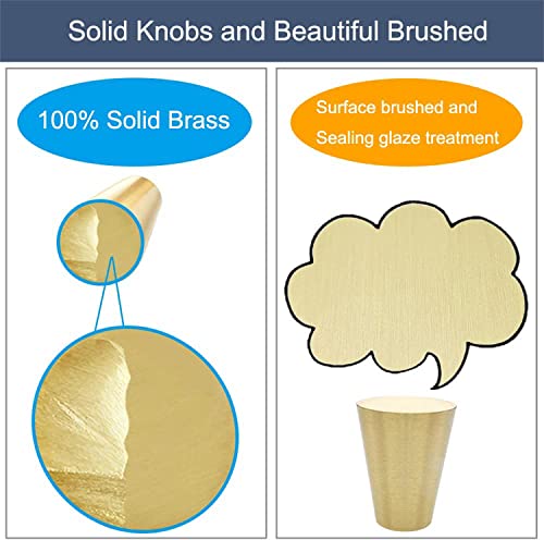 SYOSI 4Pcs Solid Brass Knobs, Brushed Gold Pure Copper Cone Decorative Mid-Century Modern Style Handles for Kitchen Cabinet Drawer Dresser, Modern Furniture Hardware with Screws