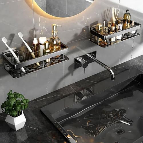 O-ONE LIVING Shower Caddy Shelf – Self Adhesive No Drilling- Bathroom Shower Rack- Wall Mounted -Organizer with Rustproof Basket-Toilet and Kitchen Durable & Modern 2pcs in 1Set BLACK