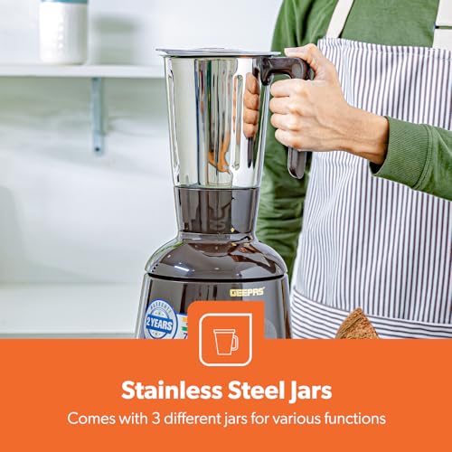 Geepas 3 in 1 Mixer Grinder, 750W Powerful Grinder, GSB44086 Stainless Steel Jars & Blades 3 Speed, Safety Twist Lock Perfect for Dry & Wet Fine Grinding, Black