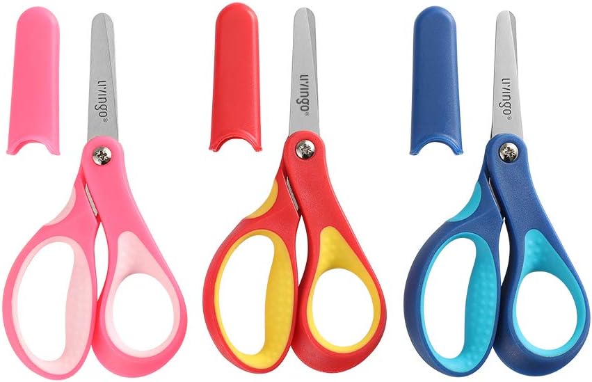 LIVINGO 3 Pack 5 Inch Ambidextrous Blunt Student Scissors Yellow Blue Gray Safety Stainless Steel Sharp Toddler Preschool Child Scissors with Cover, School Classroom Craft Supplies for Teachers – image 3
