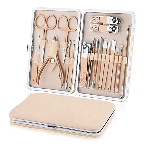 ORiTi Manicure Set Nail Clippers Pedicure Kit, Professional Rose Gold Stainless Steel Personal Grooming Kit, 18 in 1 Nail Care Tools with Luxurious Leather Travel Case (ROSE 18 PC SET)