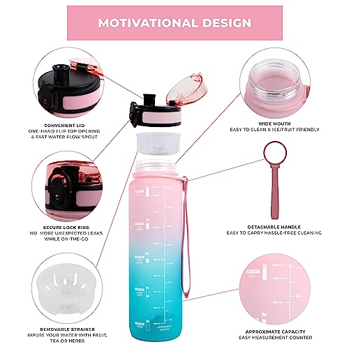 LA' PRECIOUS Water Bottle for Adults,1 liter-USA Tritan Material, Non-Toxic BPA Free, Fast Flow, Flip Top Leak Proof Lid. (Pink/Green)