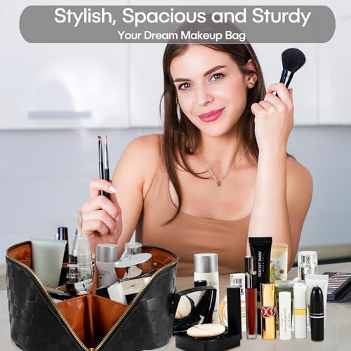 ALEXTINA Large Capacity Travel Cosmetic Bag - Portable Makeup Bags for Women Travel Toiletry Bag Waterproof Leather Checkered Makeup Organizer Bag, Roomy Cosmetic Bag for Women and Girls, Black,