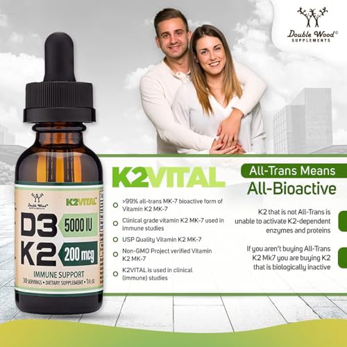 Vitamin D3 K2 5,000 IU Liquid Drops (5,000 IU of D3 and 200mcg of 99.9% All-Trans Patented K2 MK-7 (K2Vital)) Max Absorption Liquid Vitamin D Drops for Kids and Adults (30 Servings) by Double Wood