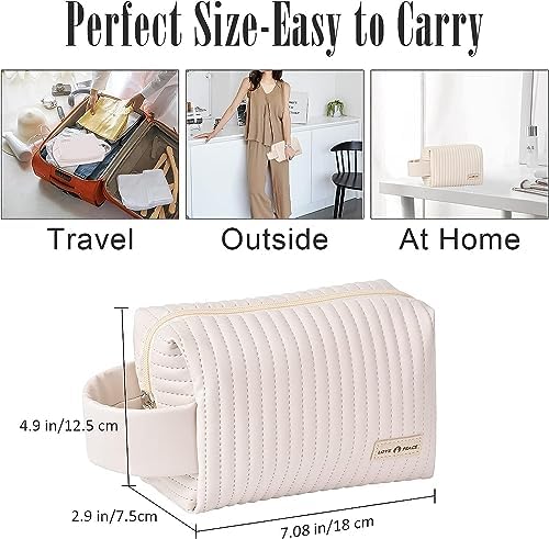 Small Makeup Bag, PU Striped Leather Cosmetic Bag, Portable Travel Makeup Pouch,Waterproof Cosmetic Pouch with Handle,Cute Makeup Bags for Women and Girls (Blue)