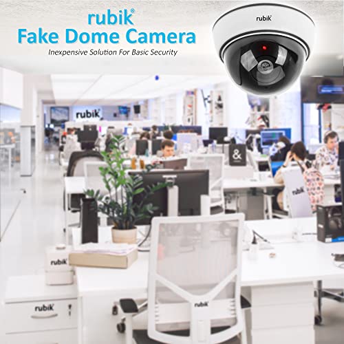Rubik 4pc Dummy CCTV Camera with Flashing LED Light and CCTV Sticker Sign, Fake Surveillance Camera Security Indoor Dome Camera with LED Light