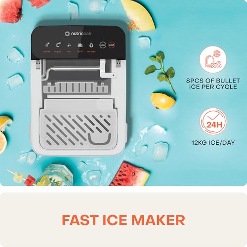 NutriCook Ice Maker,Rapid 7-Minute Ice Production, Bullet-Shaped Ice, Self-Cleaning Function, Compact & Portable,NC-ICY510K, White 2-Year Limited Warranty