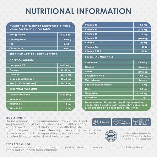 Ambrosial Men's Multivitamin with Lycopene, Ginseng & Grape Seed Extract That Supports Muscle Strength, Immunity, Energy and Endurance (Pack of 1-120 Tablets)