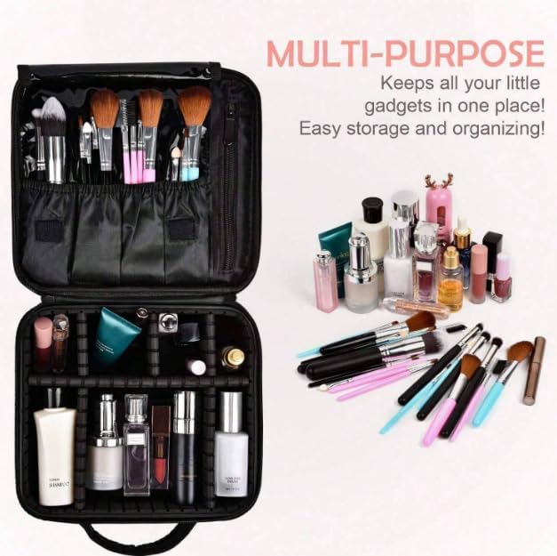 Portable Travel Makeup Bag | Adjustable Cosmetic Case Organizer for Brushes, Toiletries, Jewelry & Accessories – Black