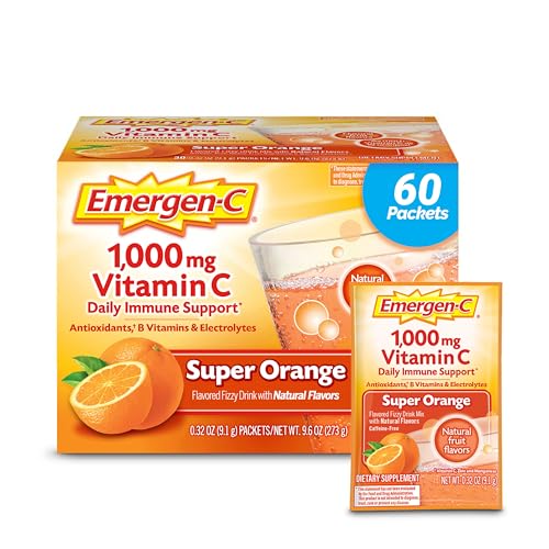 Emergen-C 1000mg Vitamin C Powder for Daily Immune Support Caffeine Free Vitamin C Supplements with Zinc and Manganese, B Vitamins and Electrolytes, Super Orange Flavor - 60 Count/2 Month Supply