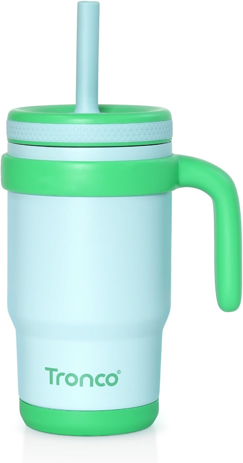 Tronco 14oz Insulated Stainless Steel Kids Travel Cup - BPA-Free Toddler Tumbler with Splash-Proof Flexible Straw, Ergonomic Handle & Splash Guard Lid for Car/Outdoor Use, Easy to Clean