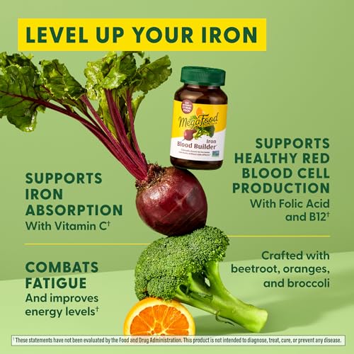 MegaFood Blood Builder - Vegan Iron Supplement Clinically Shown to Increase Iron Levels without Side Effects - Iron Supplement for Women with Vitamin C, Vitamin B12 and Folic Acid - 30 Tabs