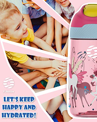 FJbottle Kids Water Bottle with Straw, 16 oz Leak Proof Plastic Toddler Bottle with Handle Water Jug Wide Mouth Drinking Bottle for Kids Sports School