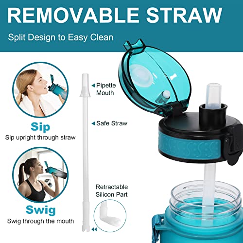 GEMFUL Water Bottle 1L with Straw Time Marker Tritan BPA Free for Fitness Gym Outdoor Sports (Green/black)
