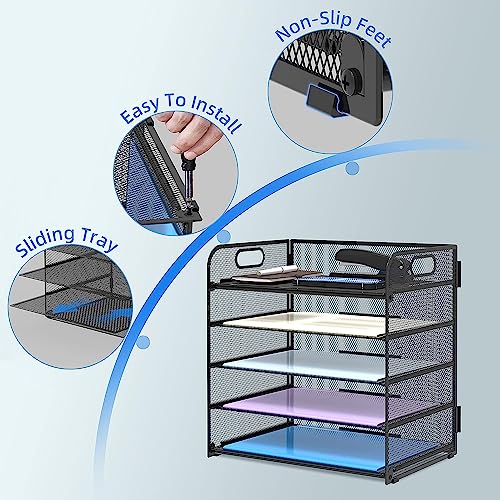 WAN Letter Tray Paper Organizer 5-Tier Desktop File Organizer,Desktop Organizer with Handle Black Metal Desktop Document Shelf for Office,Home or School