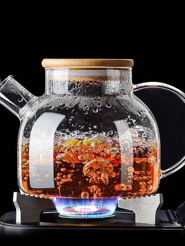 bamboo Glass Teapot Stoveto Borosilicate Clear Tea Kettle with Bamboo Lid, Glass Tea pot with Removable Filter Spout, Teapot Blooming and Loose Leaf Tea Maker Tea Brewer for Camping 1L