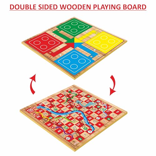 Ankit Toys & Games 2in1 Wooden Ludo with Snakes & Ladders Game Set– Classic Family Board Games for Kids & Adults, Double-Sided Board with Colourful Pawns, Ideal for Indoor Entertainment & Gift Idea