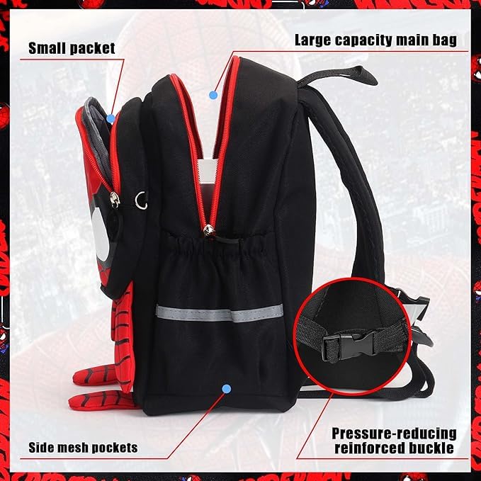 Toddler 3D Comic Spider Schoolbag - Black, Waterproof, Lightweight for 3-6 Years Old Elementary Students