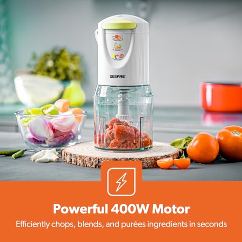 Geepas Mini Food Processor, 500W, 500ml, 4 Blades, 2 Levels, Stainless Steel for Blending and Chopping Salads, Sauces, Curries, Pesto, 2 Years Warranty, Model GC5477, Clear