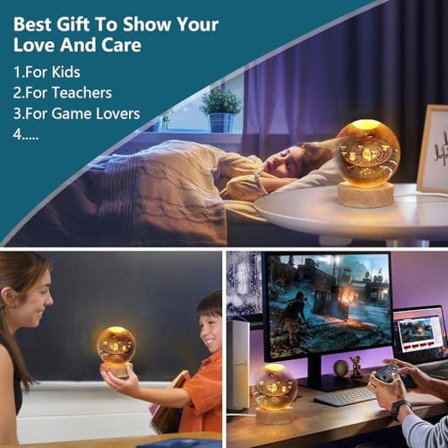 Goodern Night Lights Crystal Glass Ball Light 3D Solar System Nightlight Wooden LED Display Base Stand Home Decor Ornaments Birthday Present Lamp Funny Night Light Warm Light Art Gifts for Kids-A
