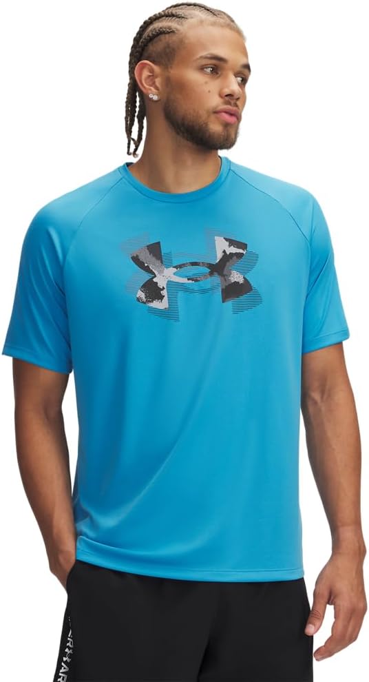 Mens Men's UA Tech Print Fill T-shirt UA M TECH PRINT FILL SS (pack of 1) - Ether Blue / / Black