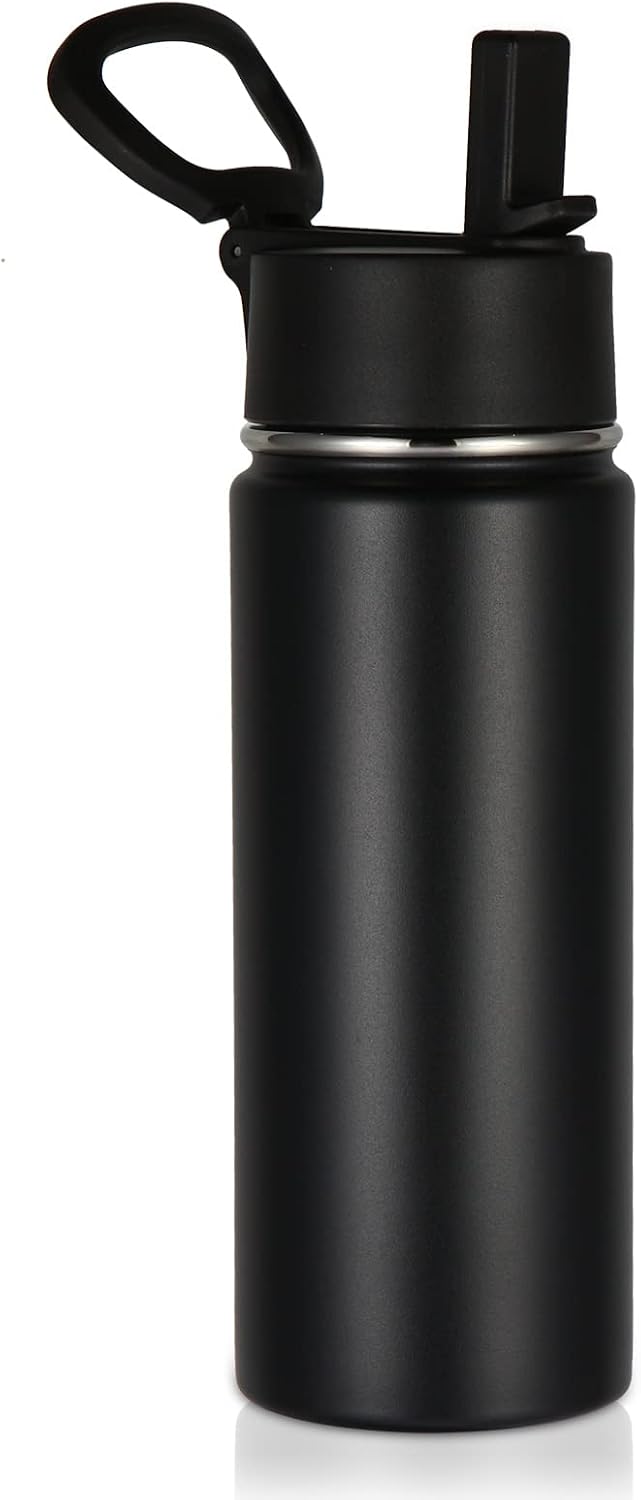 530ml 18oz Kids Insulated Water Bottle, Stainless Steel Water Bottles with Straw Lid, Wide Mouth Double Wall Vacuum Sports Travel Flask for Cold Drink (Red,1 Pack) - Black 1