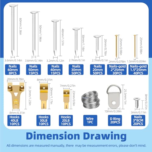 Glarks 279pcs Picture Hanging Kit, Hanging Hardware with Hooks, Wire, Nails, D Ring, Wall Hanging Kit, Heavy Duty Picture Hanger Frame Hook Hardware, Heavy Duty Frame Hanging Hardware for Hanging