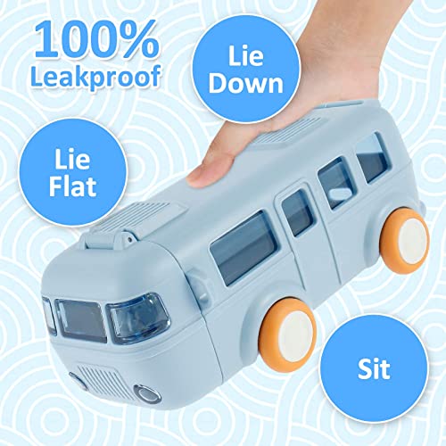 MIXDE Car Straw Water Cup, 16oz Summer Cute Bus Water Bottle with Shoulder Strap, Leak-Proof Kids Square Drinking Cup Cute Cartoon Water Jug Toy Locking Flip Lid Water Kettle for Kids (Blue)