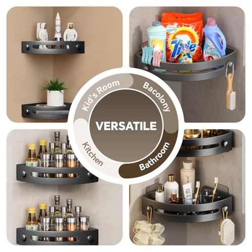 Baytion Bathroom Shelf, 2 Pack Bathroom Organizers and Storage, Thickened ABS Plastic Bathroom Organizer Corner with Super Adhesives, No Drilling, Multifunctional Corner Shower Caddy (Black)