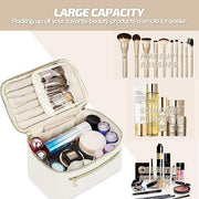 PawPawU Makeup Bag, Travel Cosmetic and Toiletry Organizer, Vegan Leather Waterproof Beauty Washbag with Handle to Keep Your Make up, Brushes, Skincare Products Organized (Beige)