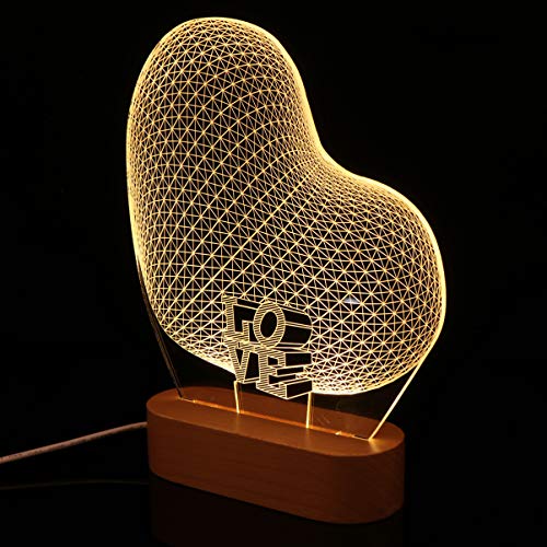 Sulfar 3D Night Light Romantic Heart Shape Illusion Lamp USB Powered Visual Lights, Wooden Base, Gifts for Her Girlfriends Valentines Day Wedding Anniversary