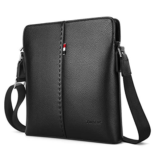 YumSur Mens Shoulder Bag, Genuine Leather Messenger Handbag Crossbody Bag for Men Purse iPad Bag for Business Office Work School with Adjustable Strap Black, Black, One Size