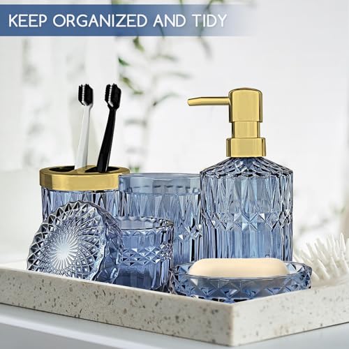 Topsky Blue Bathroom Accessory Set, Glass Bathroom Decor Countertop Organizer,5Pcs Bathroom Accessories with Lotion Dispenser(Cylindrical), Soap Dish, Toothbrush Holder, Tumbler, Cotton Swab Jars